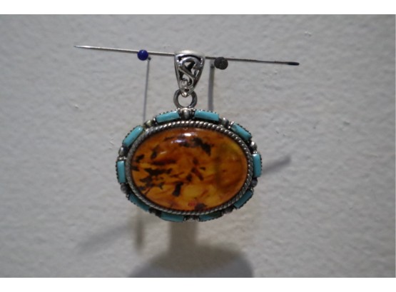925 Sterling Silver With Amber And Turquoise Pendant