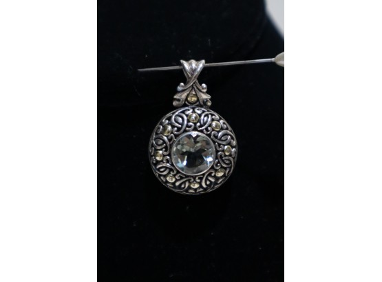 925 Sterling Silver And 18K Yellow Gold Embellishments With Light Blue Center Stone Pendant