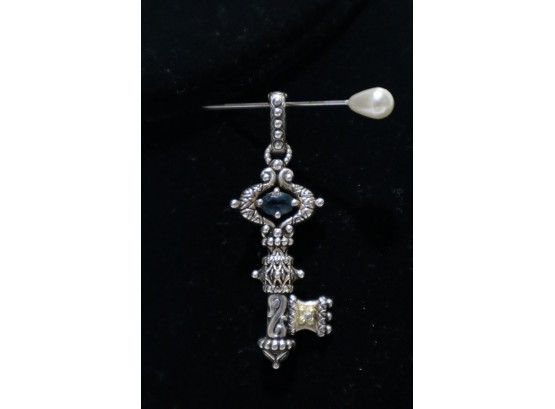 925 Sterling Silver With 18K Yellow Gold Embellishments And Blue Stone Key Pendant Signed 'Bixby'