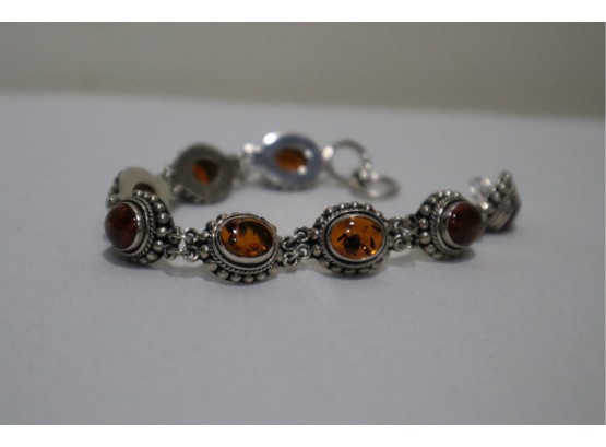 925 Sterling Silver With Amber Bracelet 7.5' Signed 'BA' Indonesia Toggle Clasp
