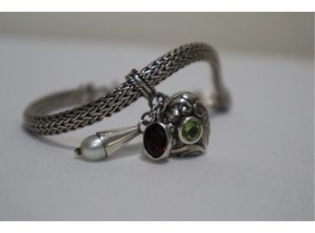 925 Sterling Silver With Green Stone Charm, Real Pearl Charm And Red Stone Charm Bracelet 7' Signed 'DS'