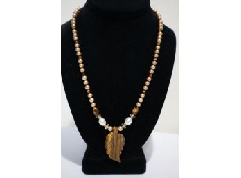 14K Yellow Gold Clasp With Real Pearls And Tiger Eye Necklace 20'