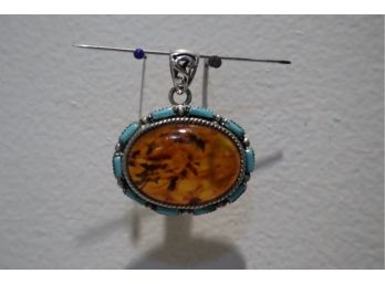 925 Sterling Silver With Amber And Turquoise Pendant