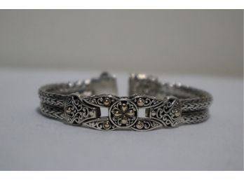 925 Sterling Silver And 18K Yellow Gold Embellishments Bracelet 7' Signed 'ID'