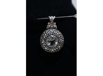 925 Sterling Silver And 18K Yellow Gold Embellishments With Light Blue Center Stone Pendant
