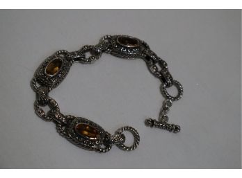 925 Sterling Silver And 18K Yellow Gold Embellishments With Orange Stones Bracelet 7.5' Signed 'BJC'
