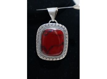 925 Sterling Silver With Red Stone Pendant Signed 'ATI' Mexico