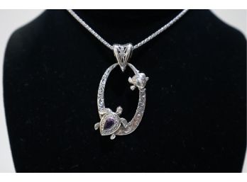 925 Sterling Silver Chain With Purple Stone Turtle 925 Sterling Pendant Signed Indonesia