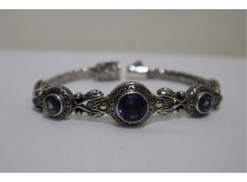 925 Sterling Silver And 18K Yellow Gold Embellishments With Purple Stones Bracelet 7' Signed 'ID'