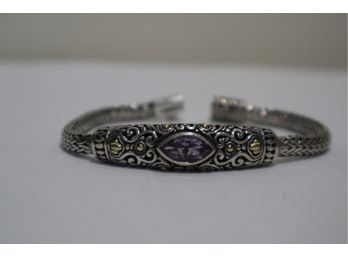 925 Sterling Silver And 18K Yellow Gold Embellishments With Purple Stone Bracelet 7.5' Signed 'BJC'