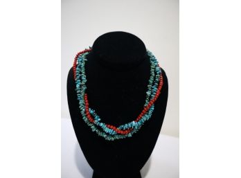 925 Sterling Silver With Turquoise And Coral Necklace 3 Stranded