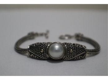925 Sterling Silver And 18K Yellow Gold Embellishments With Real Pearl Bracelet 7' Signed 'ID' Toggle Clasp