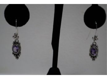 925 Sterling Silver With Purple Stone Earrings Signed 'BA' Indonesia