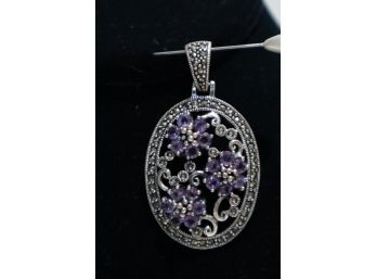 925 Sterling Silver With Purple Stones And Marcasites Pendant Signed 'NF'