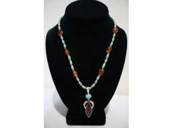 925 Sterling Silver With Turquoise And Amber Necklace Signed 'Poland'