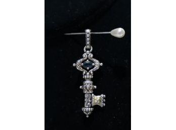 925 Sterling Silver With 18K Yellow Gold Embellishments And Blue Stone Key Pendant Signed 'Bixby'