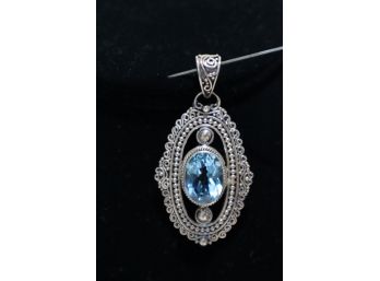 925 Sterling Silver With Light Blue Stone Pendant Signed 'BA' Indonesia