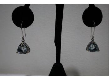 925 Sterling Silver And 18K Yellow Gold Embellishments With Light Blue Stone Earrings Signed 'ID'