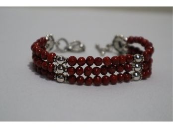 925 Sterling Silver With Red Stones Bracelet 7.5' Signed ' M. G.'