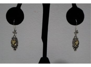 925 Sterling Silver With Yellow Stone Earrings Signed 'BA' Indonesia