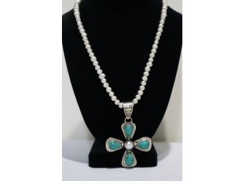 925 Sterling Silver With Turquoise And Real Pearl Necklace Signed India