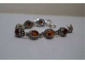 925 Sterling Silver With Amber Bracelet 7.5' Signed 'BA' Indonesia Toggle Clasp