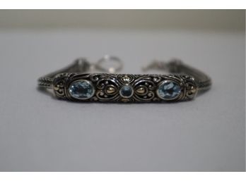 925 Sterling Silver And 18K Yellow Gold Embellishments With Light Blue Stones Bracelet 7' Signed 'ID'