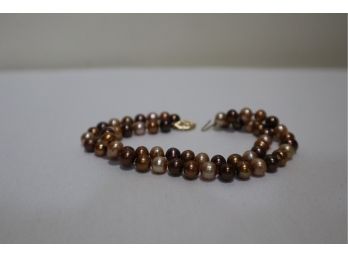 585 Yellow Gold Clasp With Real Brown Pearls Double Strand Bracelet 7.5'