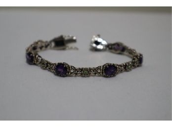 925 Sterling Silver And 14K Yellow Gold Embellishments With Purple And Green Stones Bracelet 7' Signed 'NF'