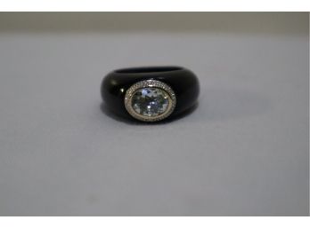 Onyx With 14K Yellow Gold And Silver Around Light Blue Stone Ring Signed 'NF' China Size 7