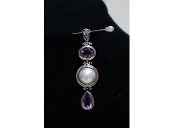 925 Sterling Silver With Pearl And Purple Stones Pendant Signed 'NF' Thailand