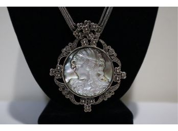 925 Sterling Silver With Marcasites And Carved Abalone Shell Cameo Necklace 17'