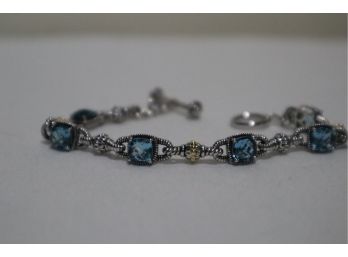 925 Sterling Silver And 14K Yellow Gold Embellishments With Light Blue Stones Bracelet 7' Signed 'QCD'