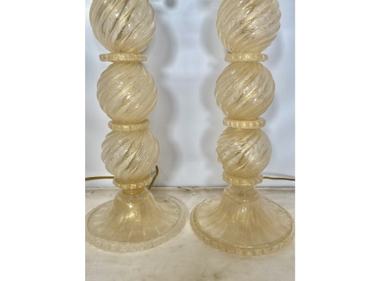 Pair Of Italian Hollywood Regency Style Murano Glass Table Lamps With Gold - Flecked Glass