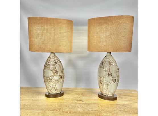 Pair Of Ceramic Table Lamps With Linen Shades