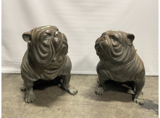 Pair Of Life Size Vintage Bronze Sitting Bull Dogs