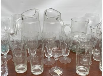 Large Glass Collection - Pitchers, Plates, Barware - 45 Pieces