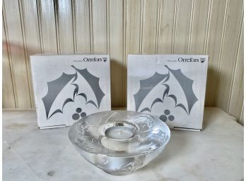 Pair Of Orrefors Holly Day Glass Votive Holders