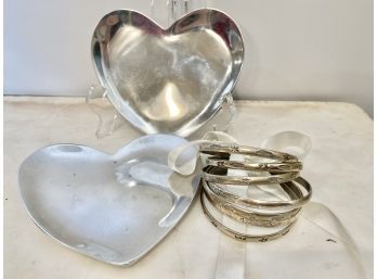 Set Of 6 - Sterling Silver Bangle Bracelets With Two Pottery Barn Jewelry Trays