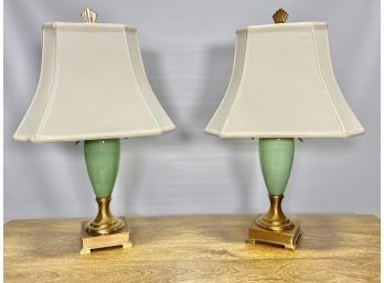Vintage Pair Of Art Deco Celadon Porcelain/Brass Table Lamp