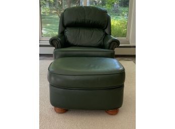 Green Leather Club Chair  With Ottoman With Nail Heads