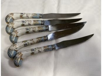 5 Vintage Sheffield Blue Hand Painted Cheese Knives