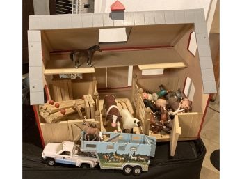 Doll House - Lil Red Barn With Animals, Fences, & Tractor Trailer