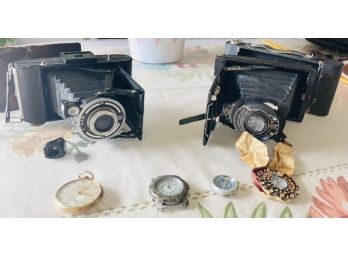 Vintage Large Format Cameras, Watches - Wrist & Pocket, And Flip Phone