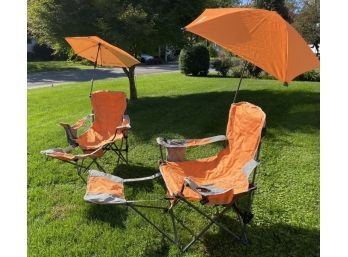 2 Foldable Chairs, Sport Brealla,  With Foot Rests And Overhead Umbrellas