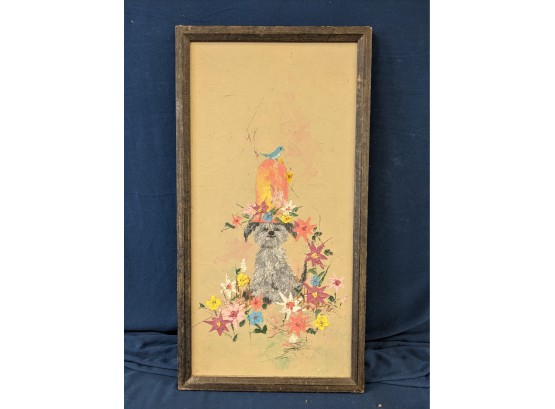 Adorable Vintage Mid Century Modern Dog In Tophat Among Flowers Painting