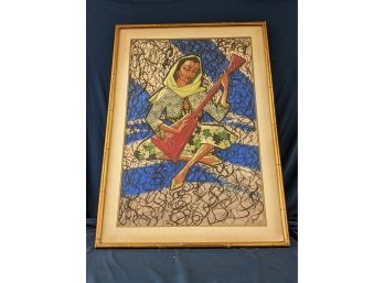 Signed And Dated Phyllis Avery 1959 Painting Middle Eastern Young Woman With Instrument
