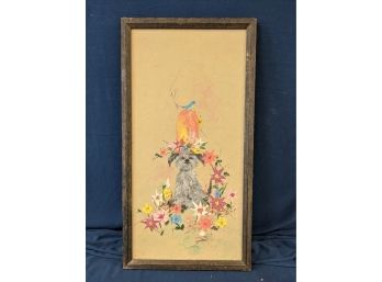 Adorable Vintage Mid Century Modern Dog In Tophat Among Flowers Painting