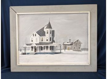 Listed Artist John Austin  (1918-2001) Tempera Landscape Snow Covered House With Turret