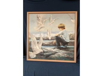 Vintage Mid Century Roy Austin Painting Little Boy With Birds At The Sea Shore
